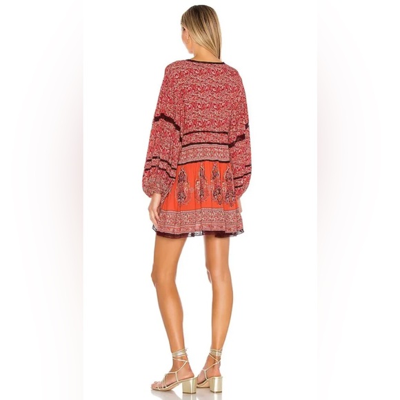 Free People Boho Dress Luna Scarf Print Red Coastal Cowgirl Balloon Sleeves XS - Picture 7 of 15